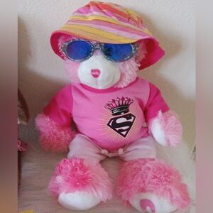 Build-a-Bear Pink Bear with White Heart with Glasses & Hat - Plush Companion